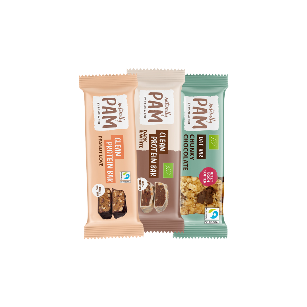 Drei natürliche Pam's Bar Produkte im Trio-Set, glutenfrei und vegan, auf einem weißen Hintergrund.
