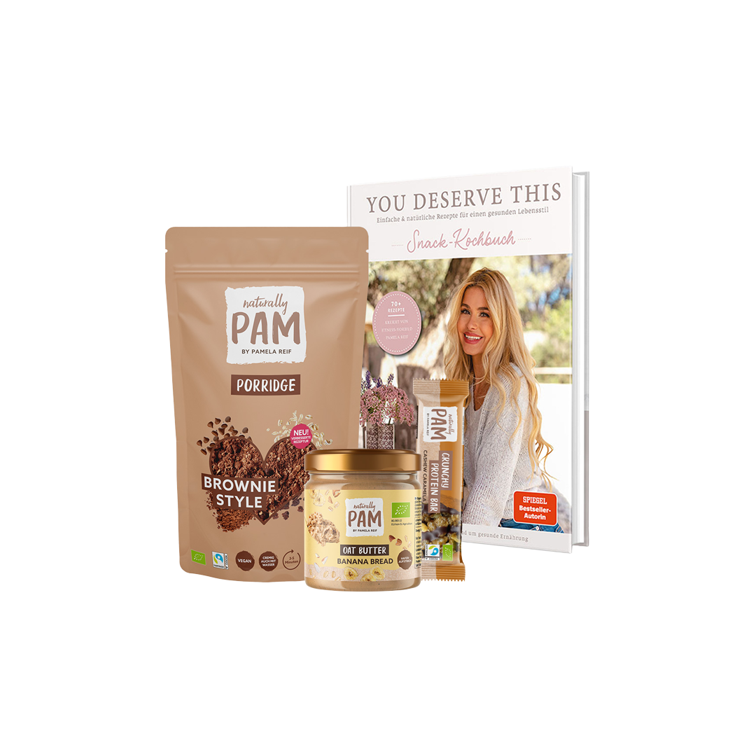 Natürliches Pam Lifestyle Bundle mit Pflegeprodukten und Wellnessartikeln, auf einem stilvollen, hellen Hintergrund arrangiert.