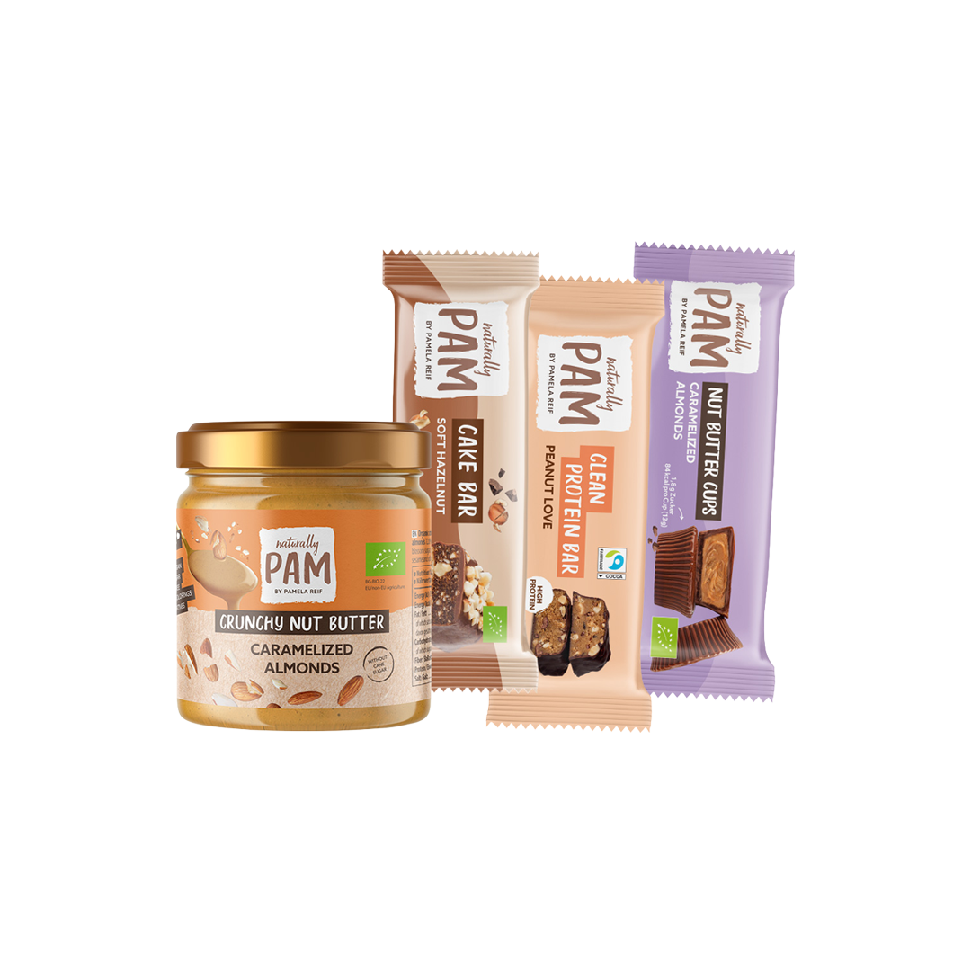 Verschiedene Nuss-Sorten im Nut Lover Bundle von Naturally Pam, gesunde Snacks in einer attraktiven Verpackung.