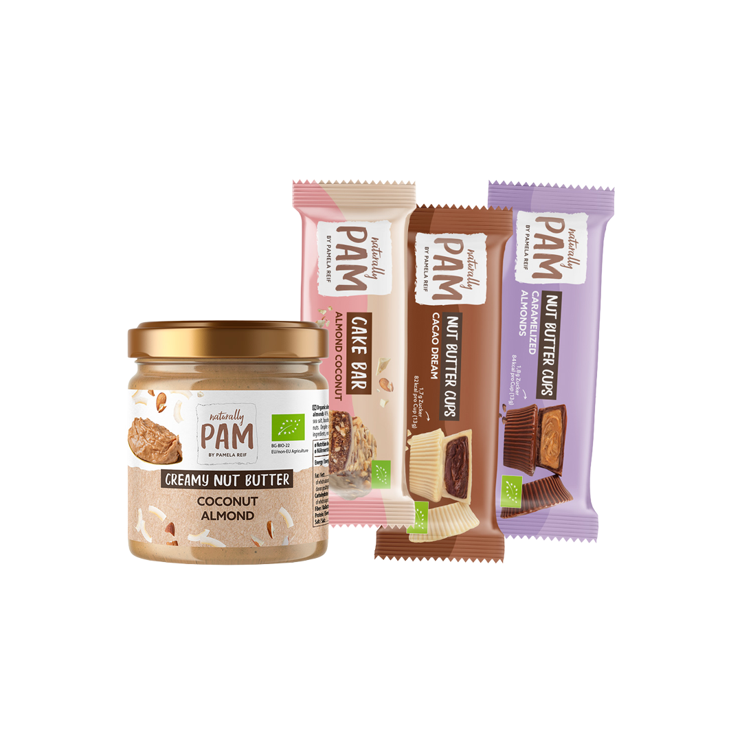 Natürliches Pflege-Set "For You & Me" von Naturally Pam mit Lotion und Pflegeprodukten, auf weißem Hintergrund.