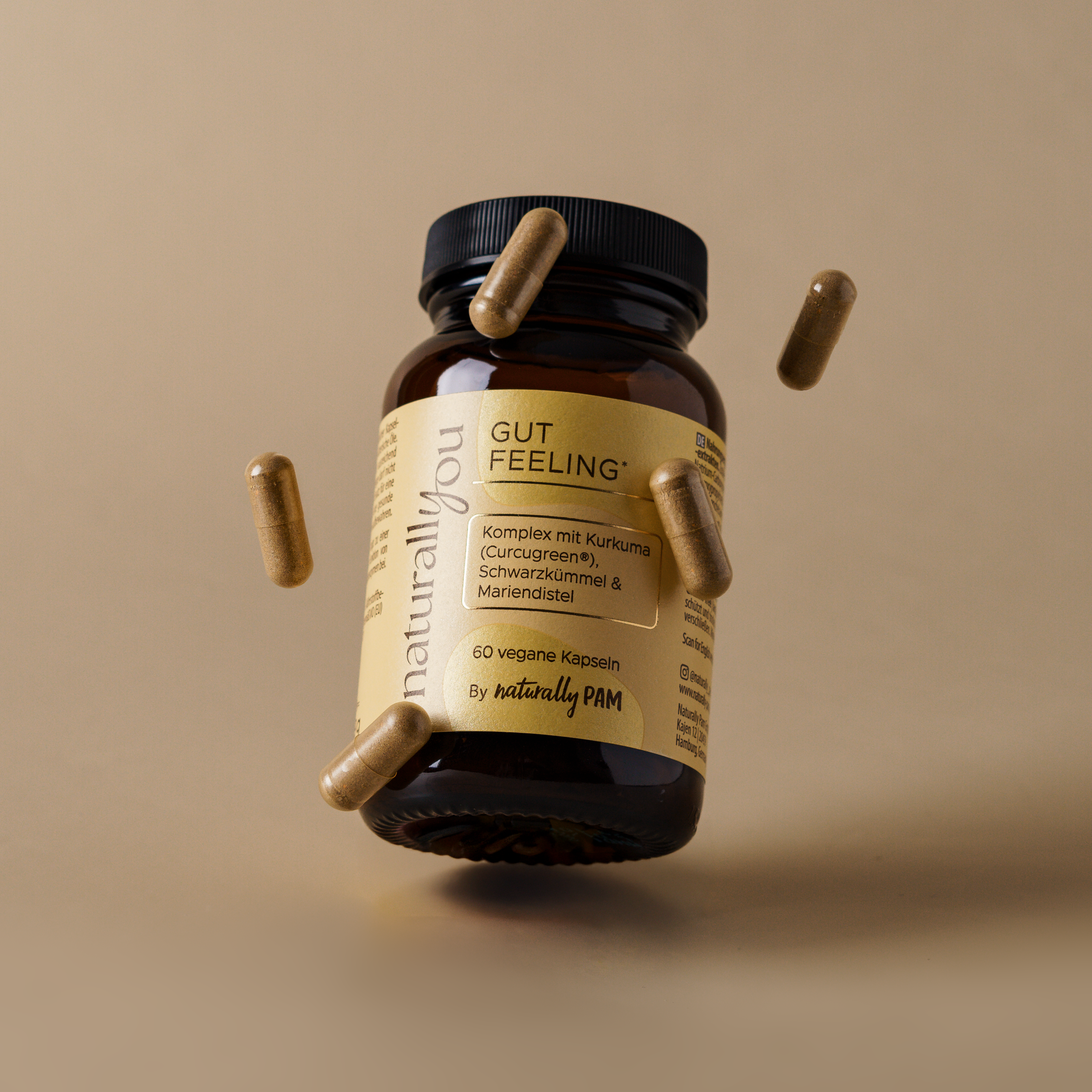 Natürliches Nahrungsergänzungsmittel "Gut Feeling" von Naturally Pam, flüssiger Tropfen für das Verdauungswohl, Nahaufnahme der Flasche