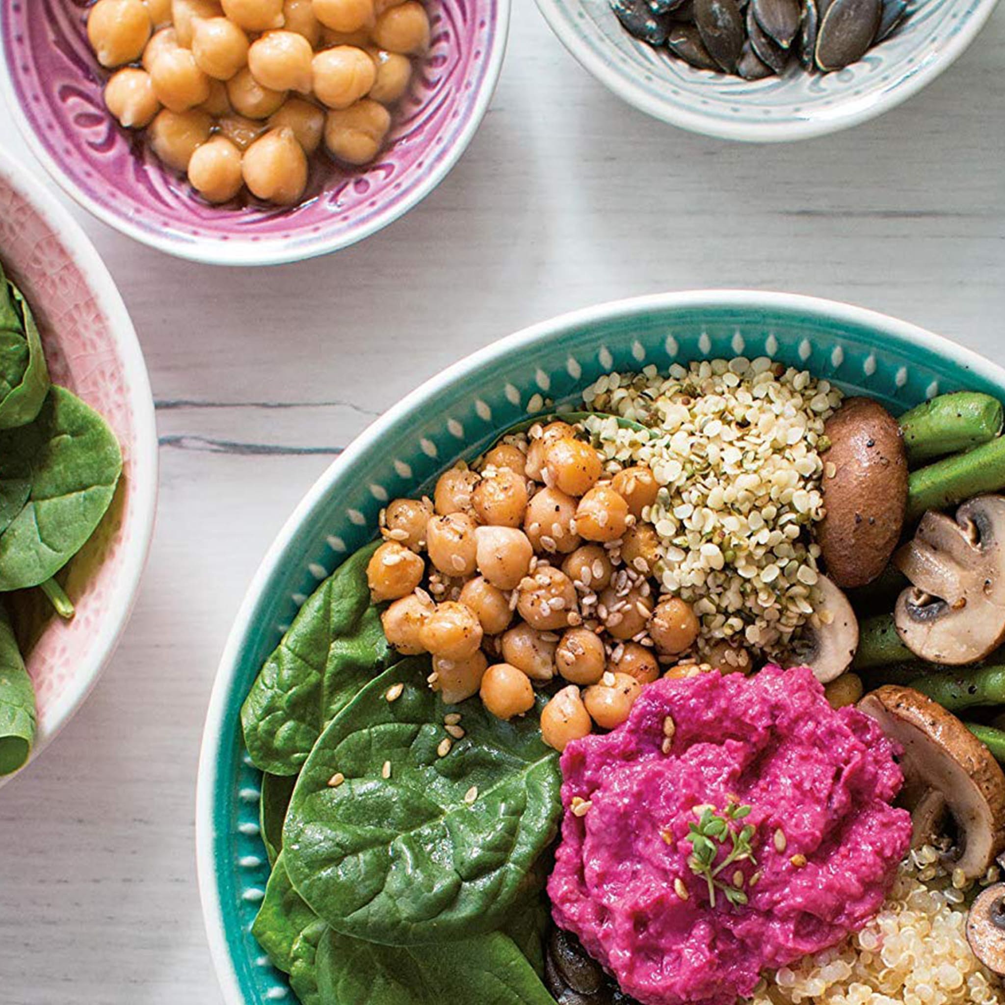 Naturally Pam Kochbuch mit bunten Rezeptbildern, zeigt vielfältige vegetarische Gerichte im Naturstil.