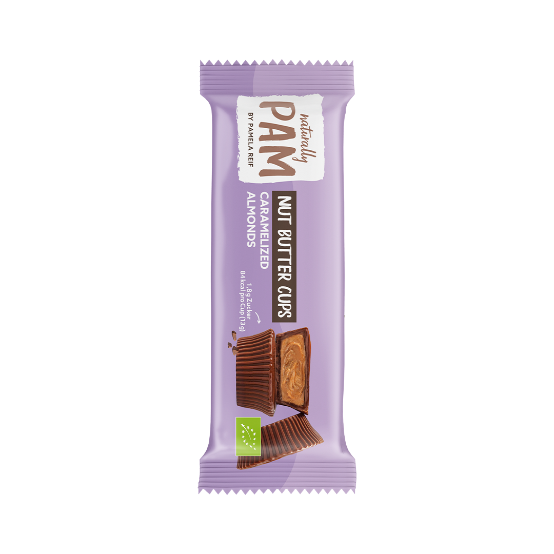 Natürlich Pam Nut Butter Cups mit karamellisierten Mandeln, cremige Nussbutter in Schokoladenschale mit knusprigen Mandeln