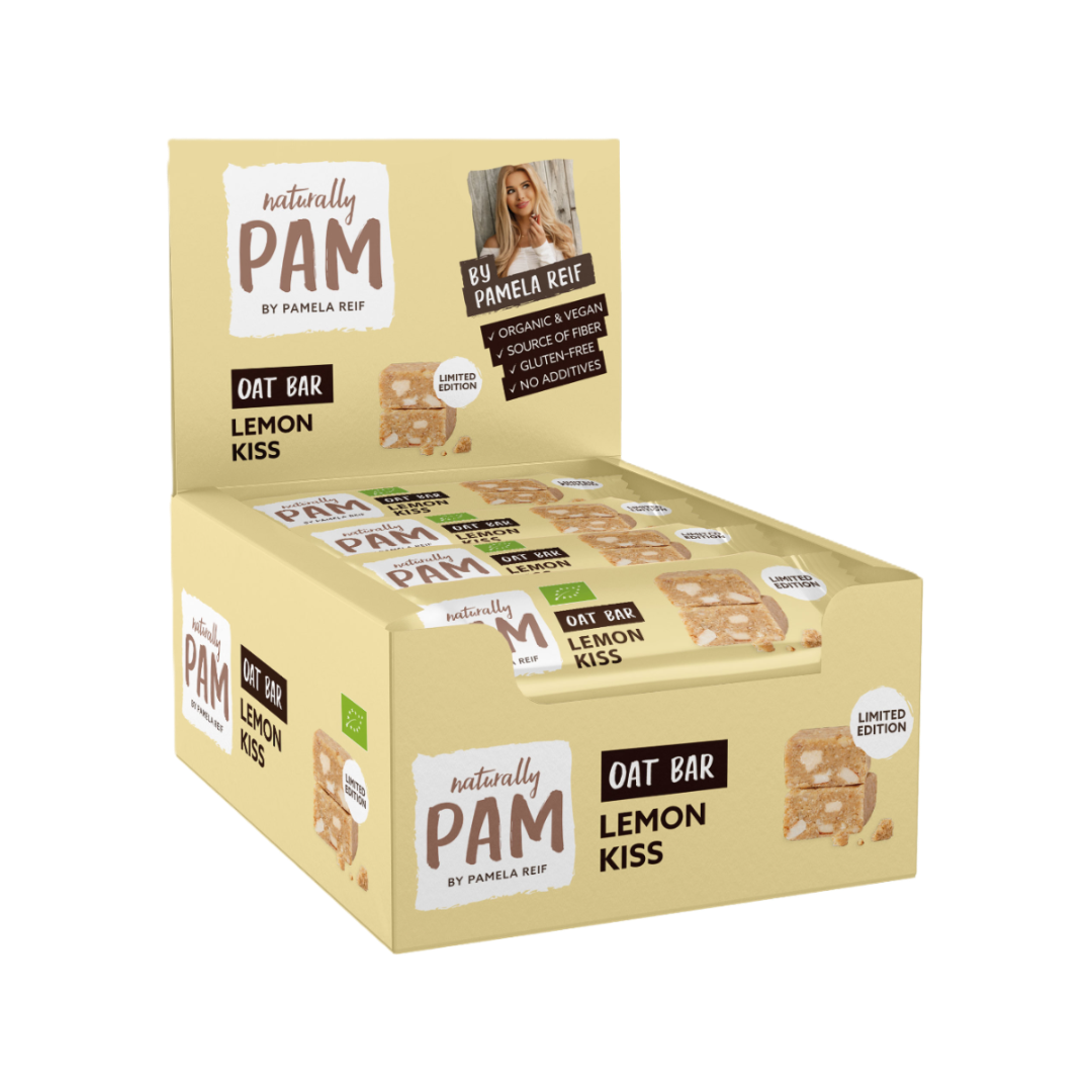 Naturally Pam Lemon Kiss Haferriegel mit Zitronengeschmack, goldbraune Oberfläche, ideal für einen energiereichen Snack.