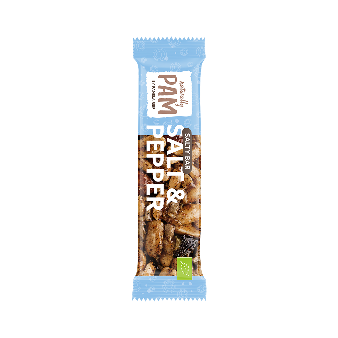 Natürlich Pam Salty Bar Salz und Pfeffer, einzelner Riegel in freigestelltem Design, würzige Snack-Alternative