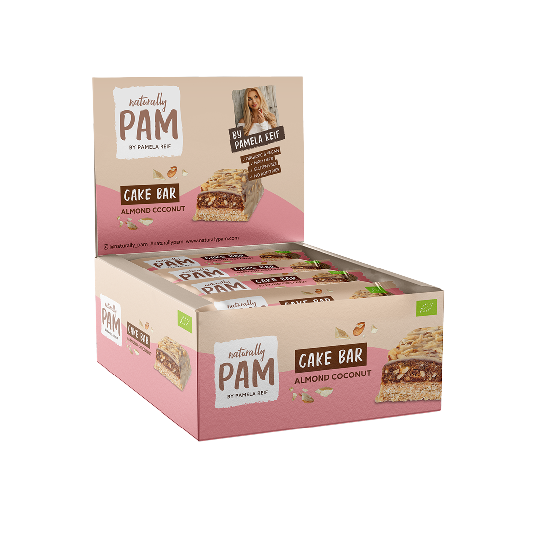 Natürlich Pam Cake Bar mit Mandeln und Kokos, 12er Pack, zeigt die leckeren, nussigen und kokosigen Zutaten.