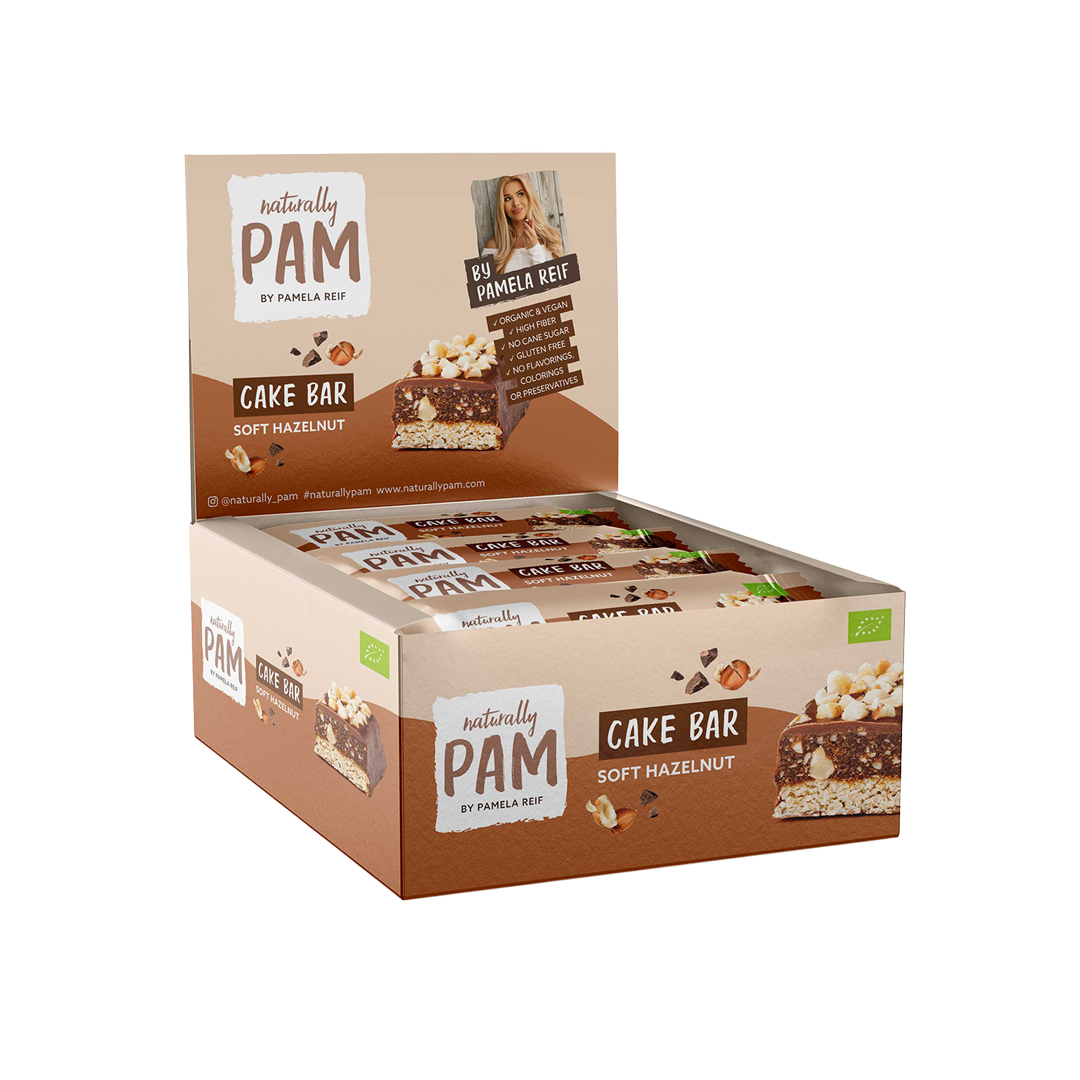 Weiche Hazelnut-Kuchenriegel von Naturally Pam in einer 12er Verpackung, mit nussiger Oberfläche und zarter Textur.
