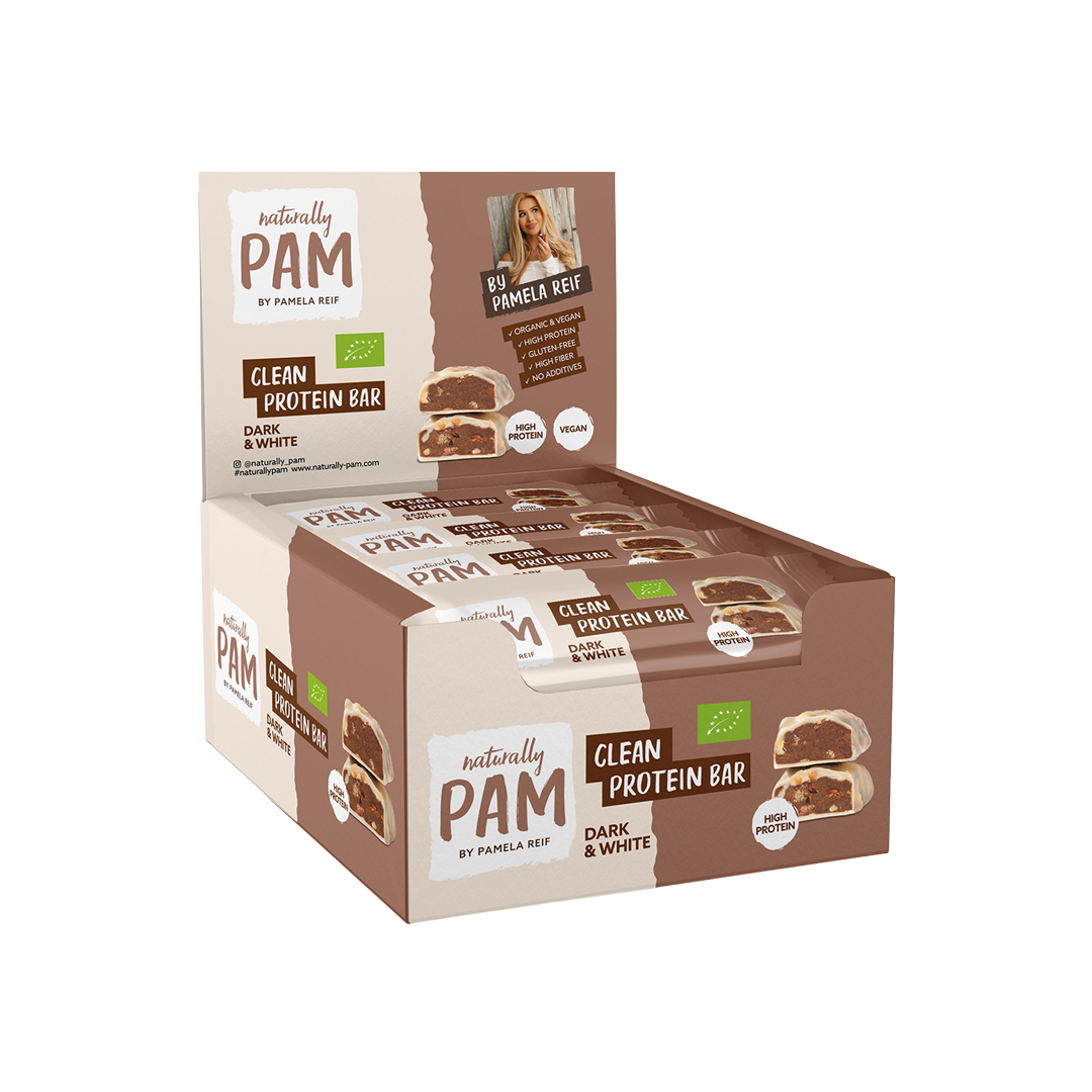 Natürlich Pam Clean Protein Riegel Dark & White im 12er Tray, gesünderer Energieriegel mit dunkler und weißer Schokolade