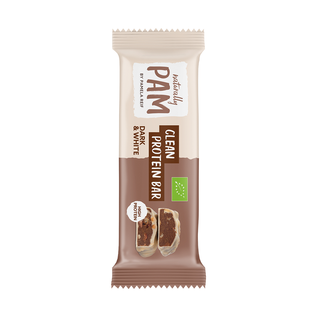 Natürlich Pam Clean Protein Riegel Dunkel & Weiß, einzelner Riegel mit dunkler und weißer Schokolade, proteinreich und lecker