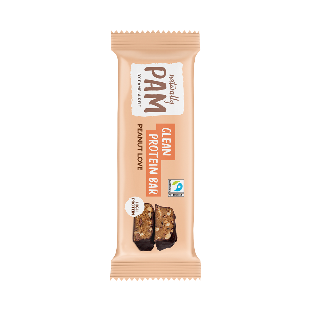 Natürlich Pam Proteinriegel Peanut Love, Einzelriegel mit Erdnussgeschmack und proteinreicher, gesunder Snack für unterwegs