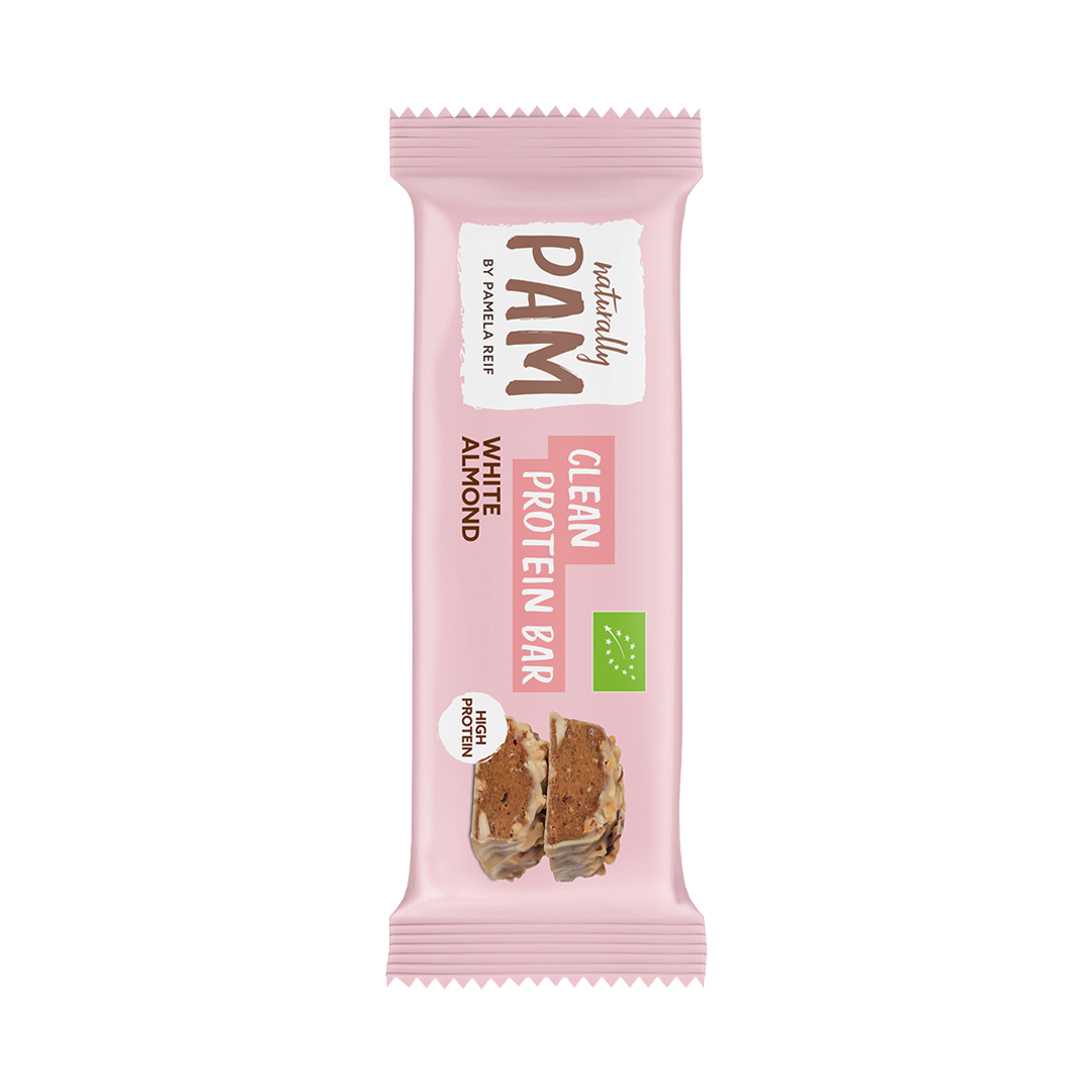 Naturally Pam Proteinriegel mit weißem Mandel, nährstoffreich und proteinreich, in sauberer Verpackung.