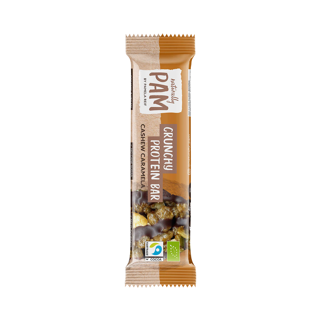 Knuspriger Proteinriegel von Naturally Pam mit Cashew und Karamell, ideal für einen nahrhaften Snack.