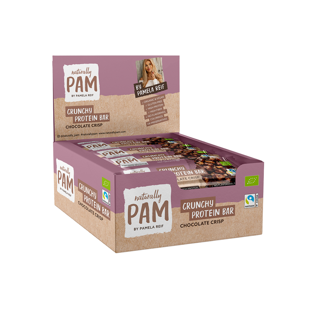 Natürlich Pam Crunchy Proteinriegel Schokoladen-Crisp, knusprige Proteinriegel in einer 12er Box, ideal für Snacks und Energie.