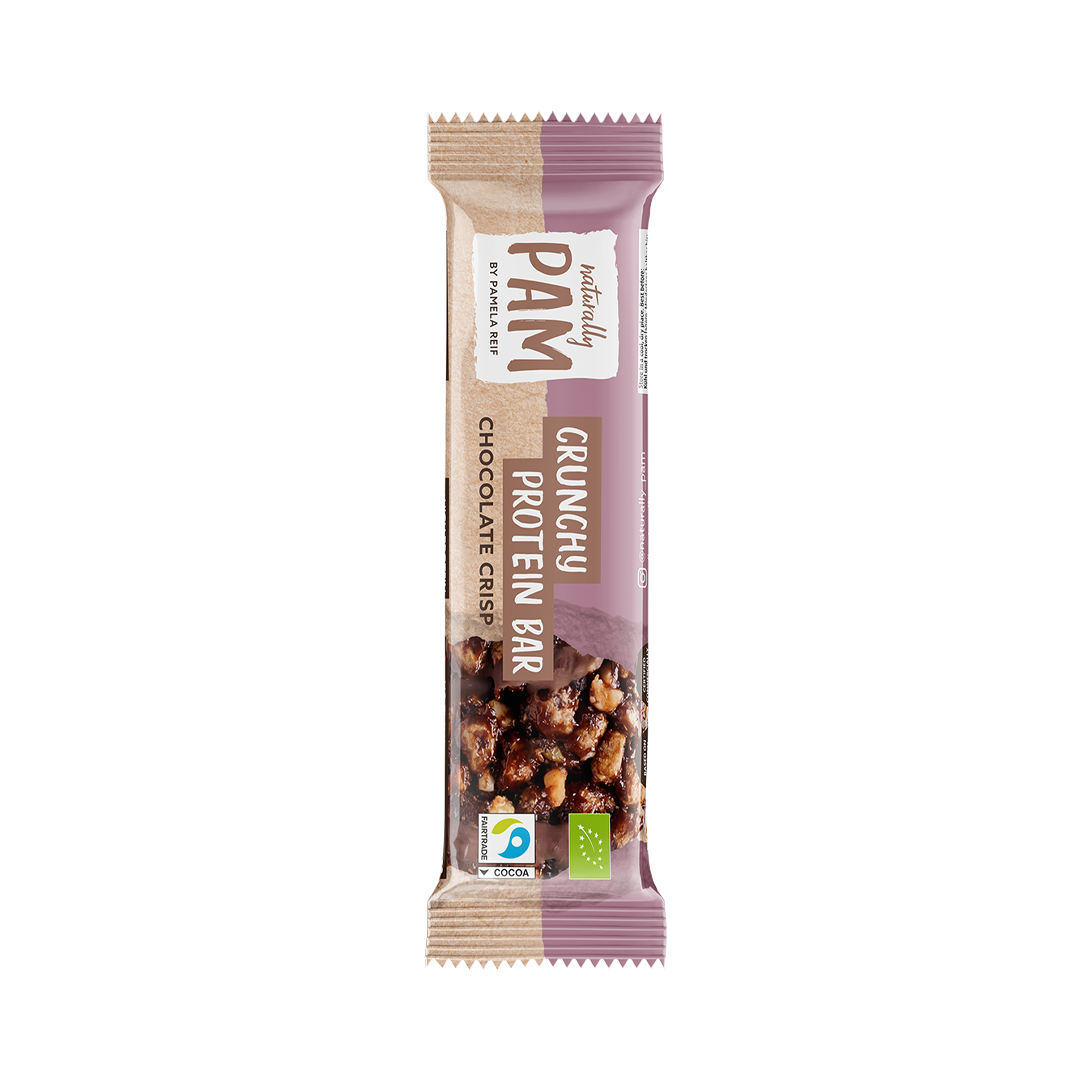Knuspriger Proteinriegel von Naturally Pam mit Schokoladen-Crisp, ideal als energiereicher Snack, einzeln verpackt.