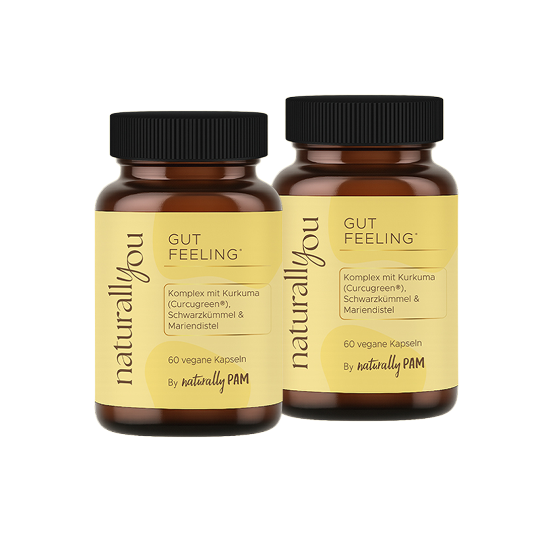 Zwei Flaschen des Gut Feeling Doppelpack von Naturally Pam, Nahrungsergänzungsmittel mit natürlichen Inhaltsstoffen.
