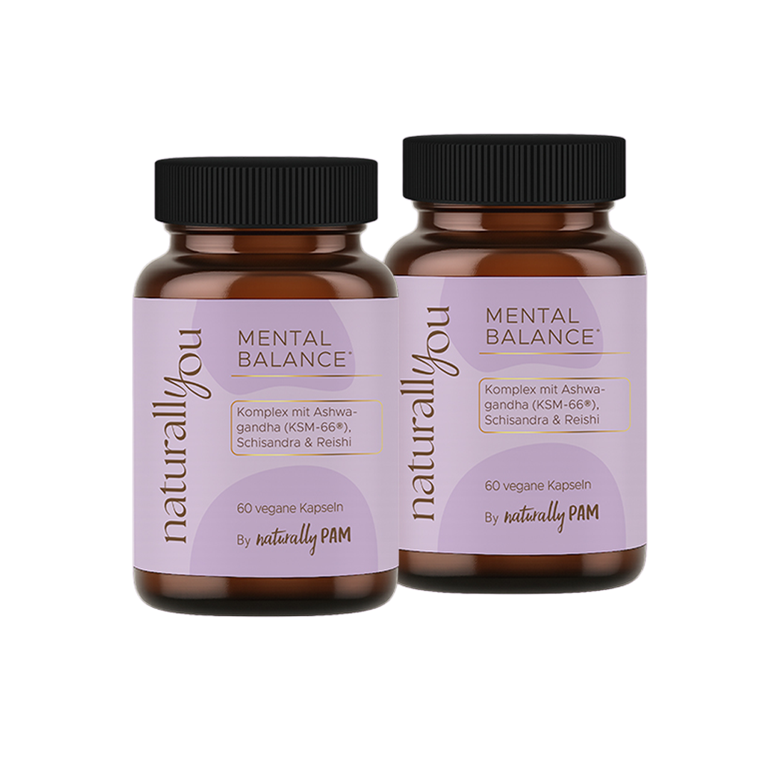 Zwei Flaschen Naturally Pam Mental Balance Doppelpack mit natürlichen Nahrungsergänzungsmitteln gegen Stress und zur mentalen Balance.