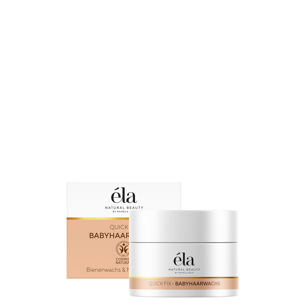 Natürliches Babyhaarwachs von Naturally Pam, zeigt die Anwendung des éla Natural Beauty Babyhaarwachs für zarte Babyhaare.