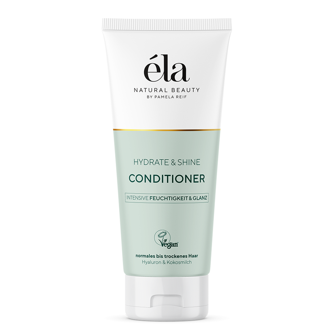 Flasche des Naturally Pam éla Natural Beauty Conditioner für Feuchtigkeit und Glanz, mit pflegendem Conditioner auf weißem Hintergrund