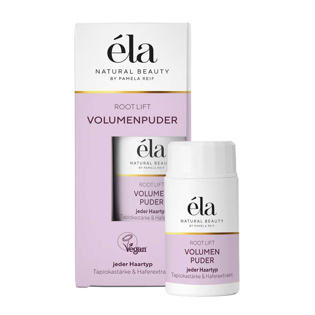 Natürliches Volumenpuder von Naturally Pam, éla Natural Beauty, in einer transparenten Verpackung für voluminöses Haar.