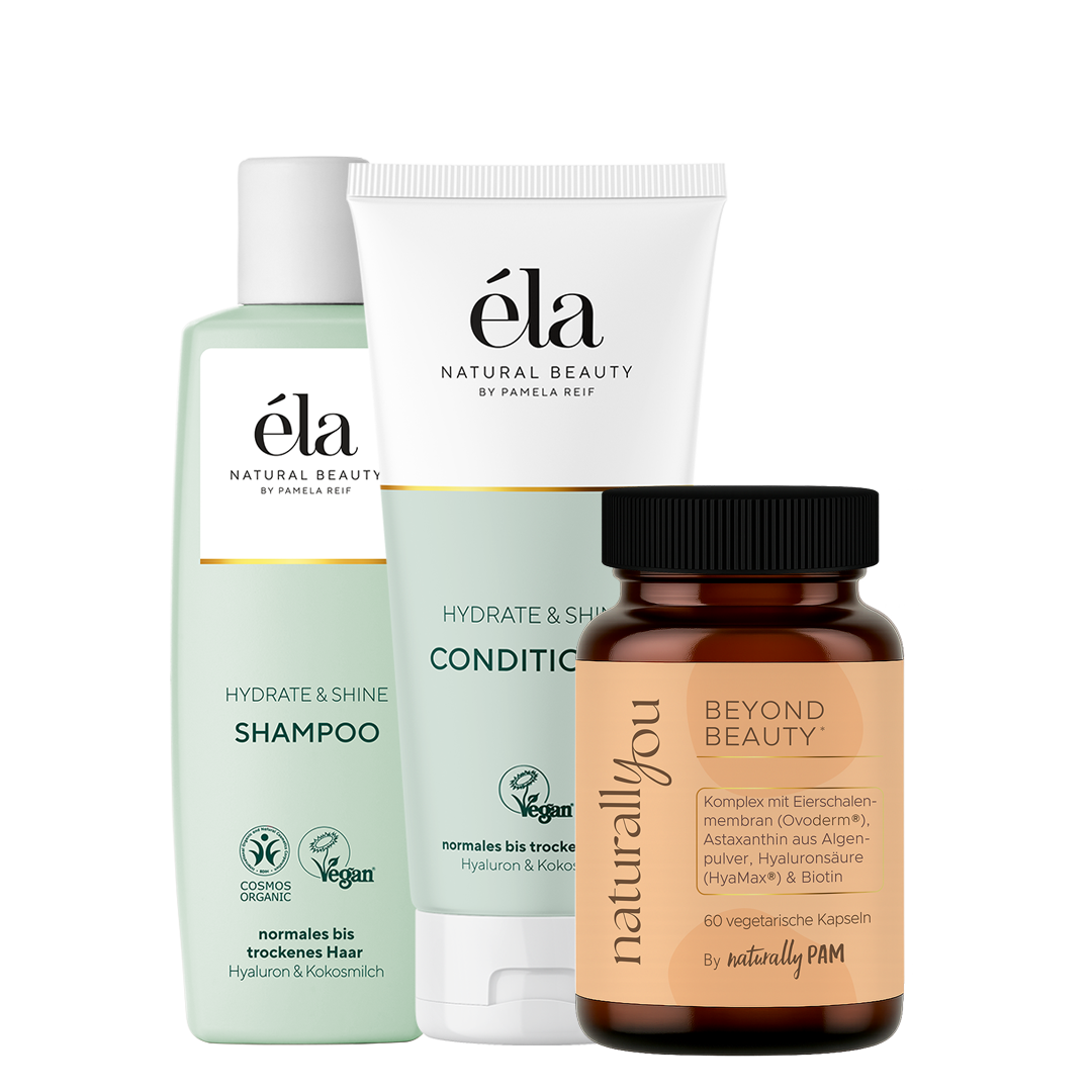 Natürlich Pam Hydrate & Shine Inside Out Beauty Set mit Hydrate-Shine Ergänzung und Bundle, sichtbare Produktverpackungen.