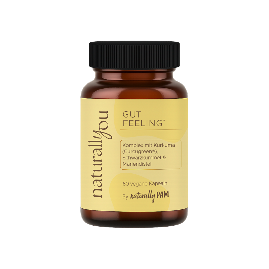 Natürliches Gut Feeling Nahrungsergänzung von Naturally Pam, Darmgesundheit, freigestelltes Produkt auf weißem Hintergrund.