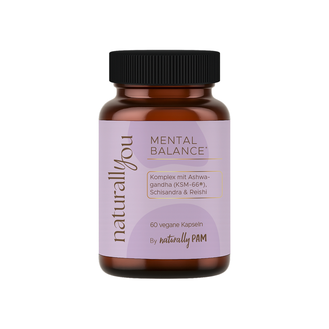 Natürliche Nahrungsergänzungsmittel für mentale Balance von Naturally Pam, Flasche mit Kapseln, gesundheitsfördernd.