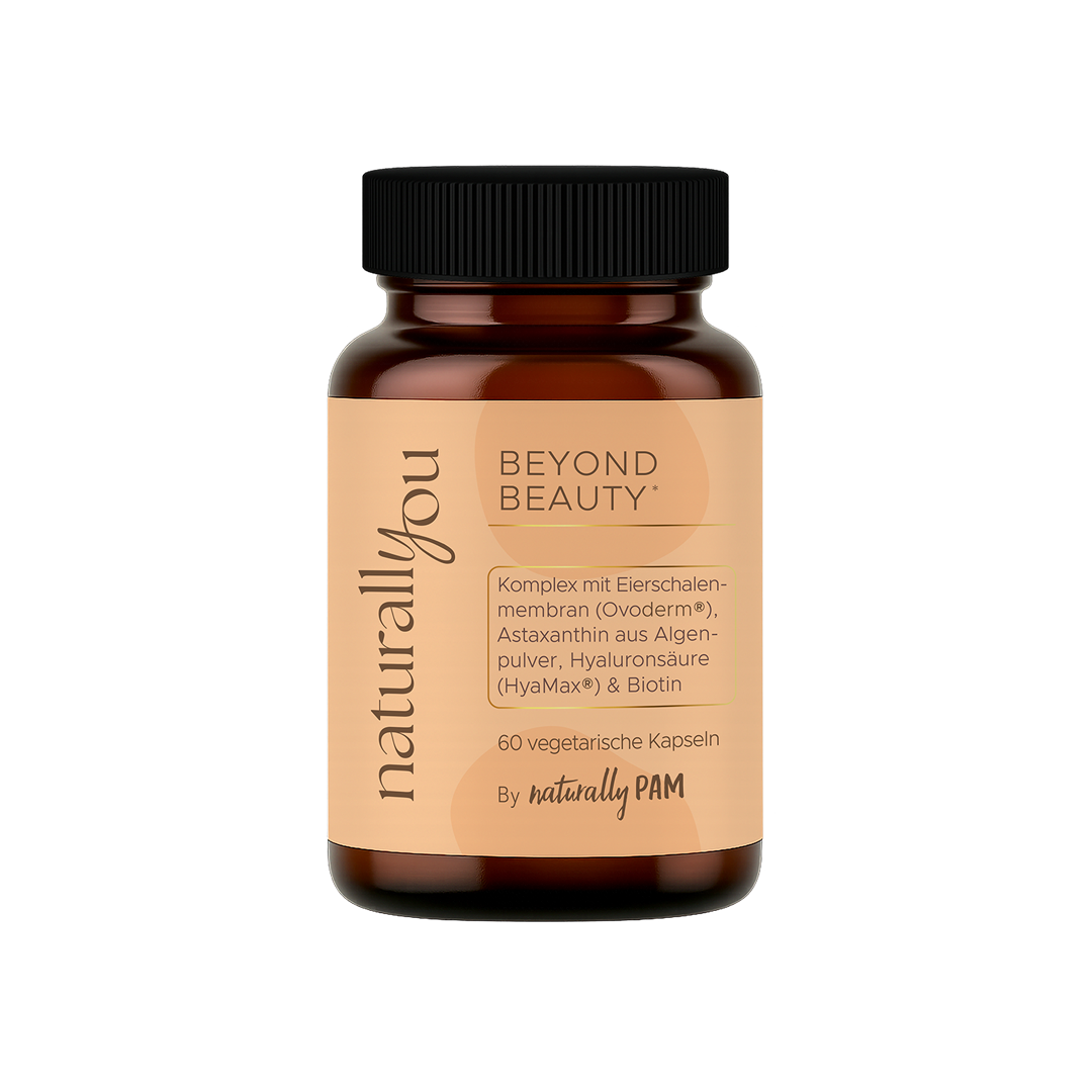 Natürliches Nahrungsergänzungsmittel Beyond Beauty von Naturally Pam, Nahaufnahme der Verpackung und Produktbeschreibung