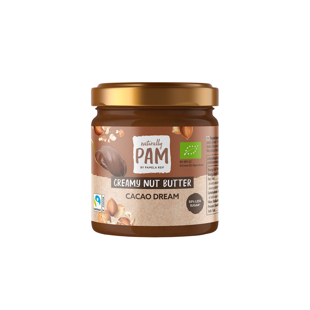 Natürliches Pam Cacao Dream Nussbutterglas mit cremiger Schokoladen- und Nuss-Textur, ideal für Brot und Snacks.