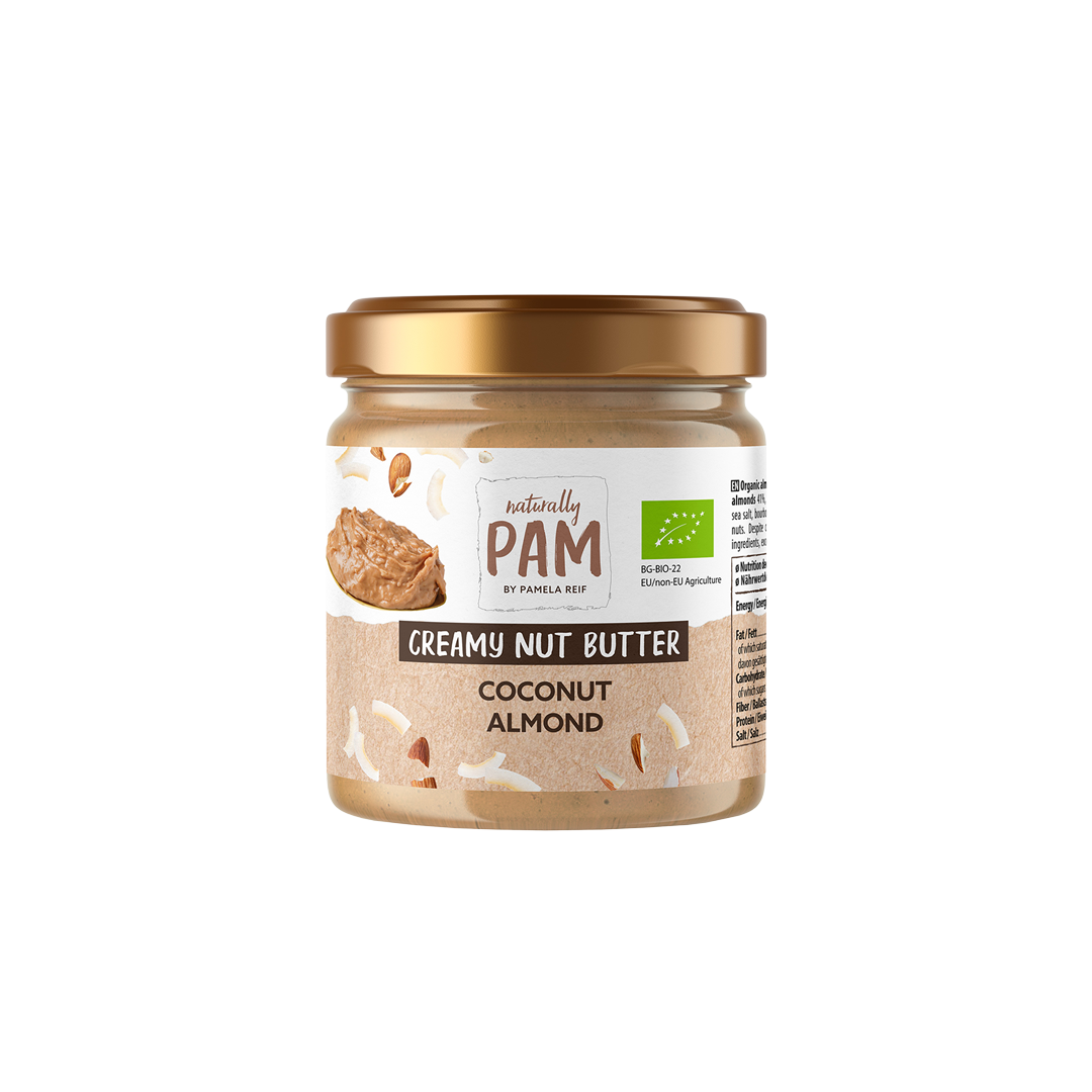 Natürlich Pam Nussbutter mit Kokos und Mandeln in einem Glas, cremig und lecker, ideal für Brot und Snacks.