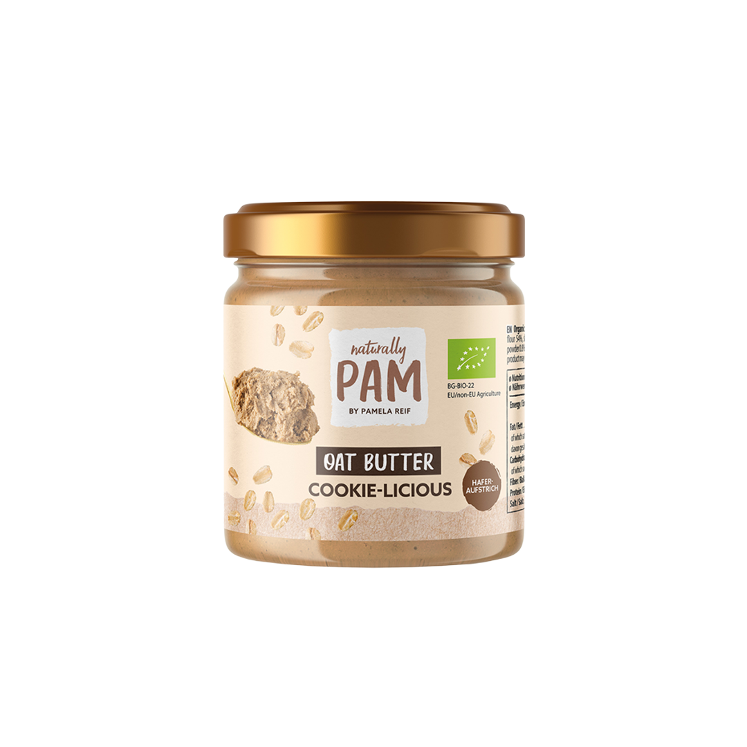 Keks mit Haferbutter von Naturally Pam, knusprig und goldbraun, auf weißem Hintergrund, zeigt die leckere Textur und goldene Oberfläche.