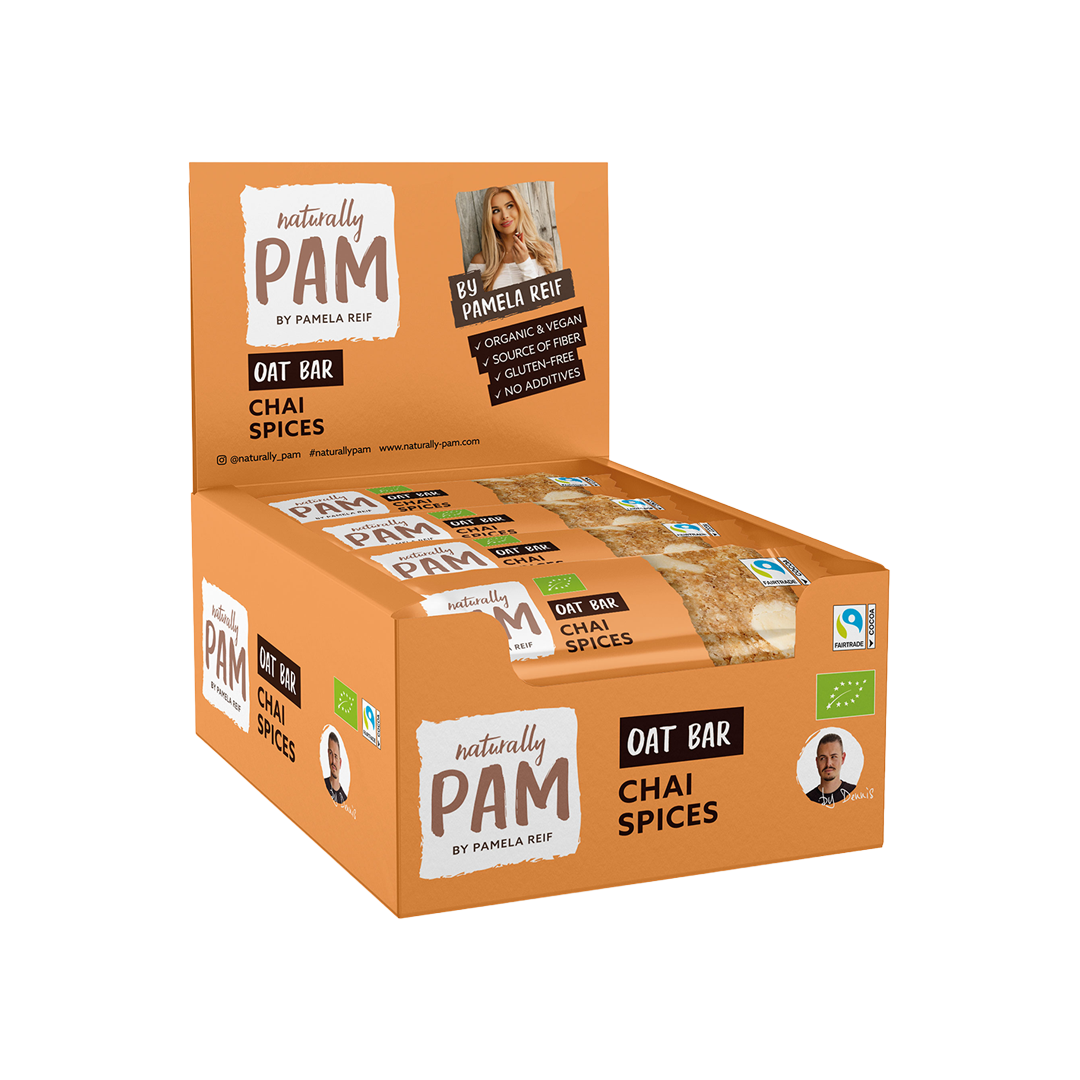 Naturally Pam Haferflockenriegel mit Chai-Gewürzen, 12er Tray, frisch und aromatisch, ideal für unterwegs.