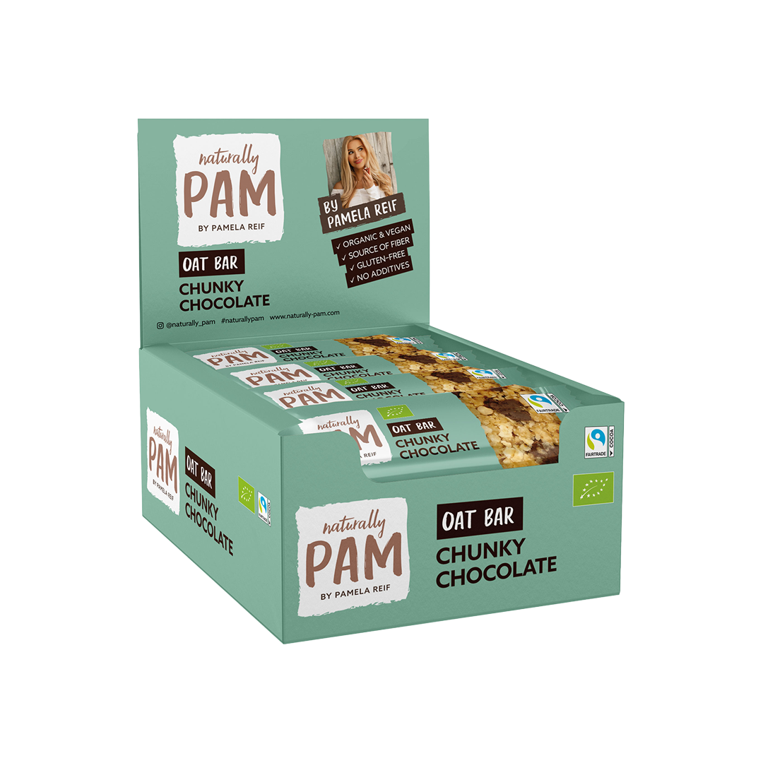 Naturally Pam Haferflocken-Riegel mit Chunky-Schokolade, 12er Pack, zeigt den knusprigen Haferflocken-Riegel mit Schokoladenstücken