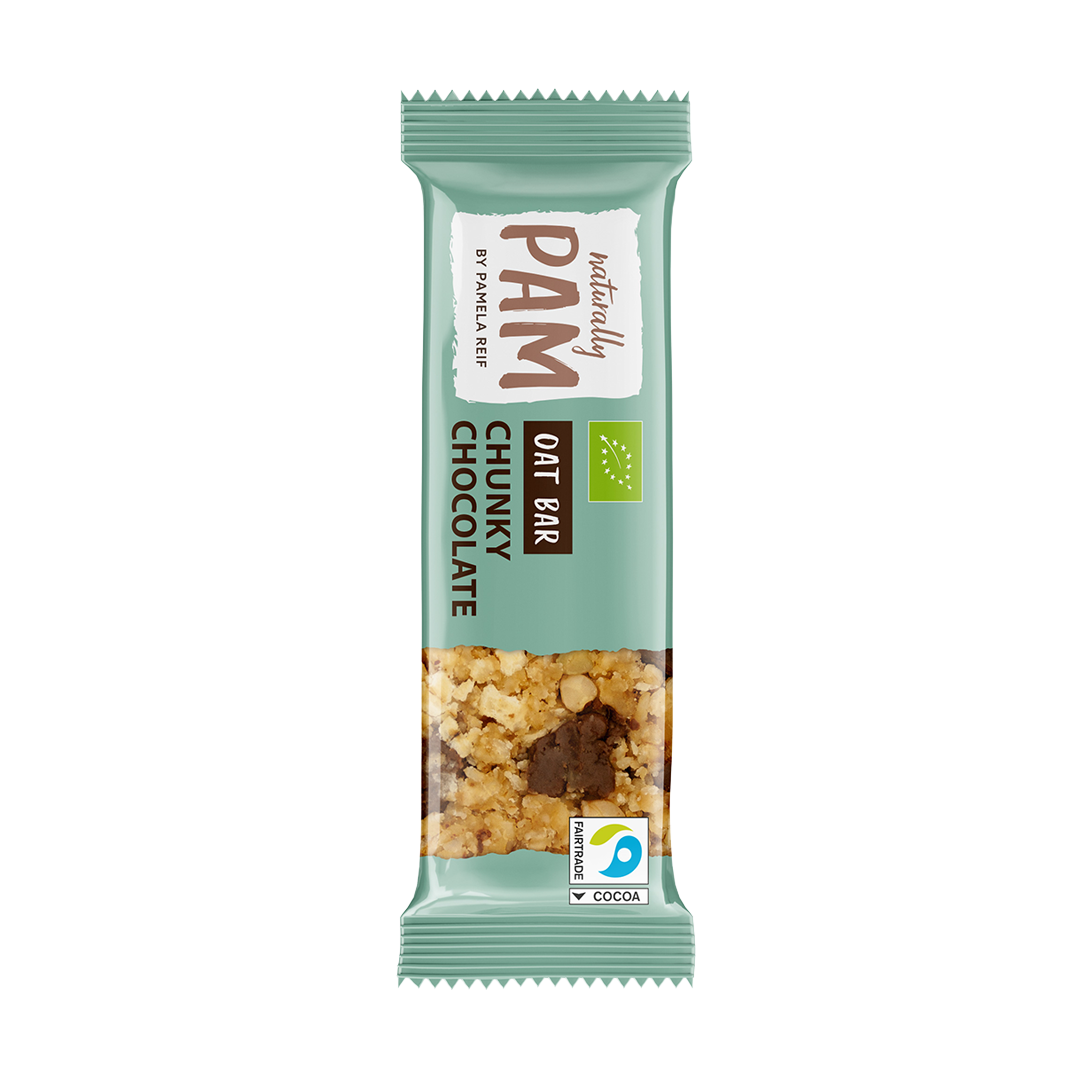 Natürlich Pam Haferflockenriegel mit Chunky Schokolade, Einzelriegel, ohne Störer, leckere Schokoladen-Haselnuss-Füllung
