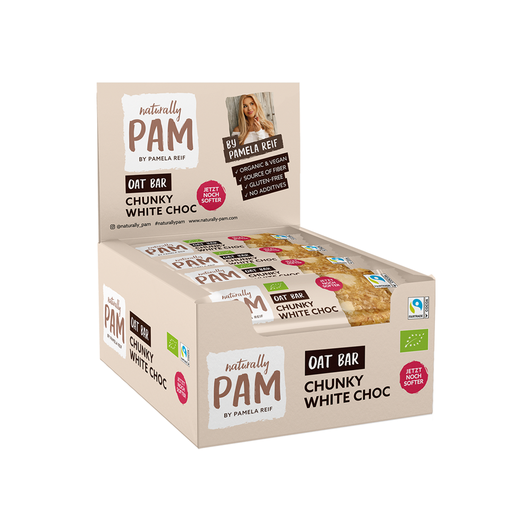Natürlich Pam Haferriegel mit weißer Schokolade, 12er Pack, cremiger und knuspriger Haferriegel in einer praktischen Verpackung