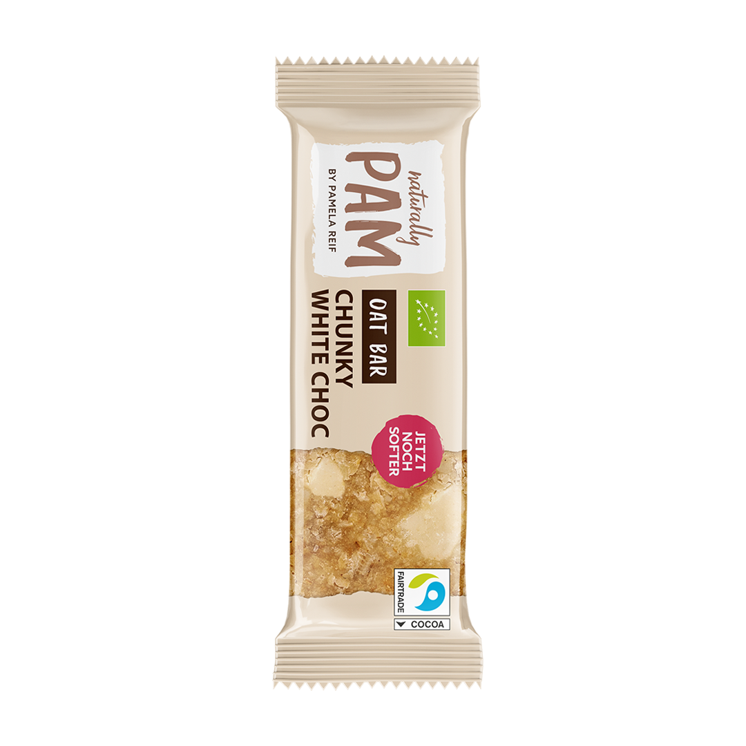 Naturally Pam Haferriegel mit weißen Schokoladenstücken, knusprige Textur, einzelner Riegel auf Verpackung.