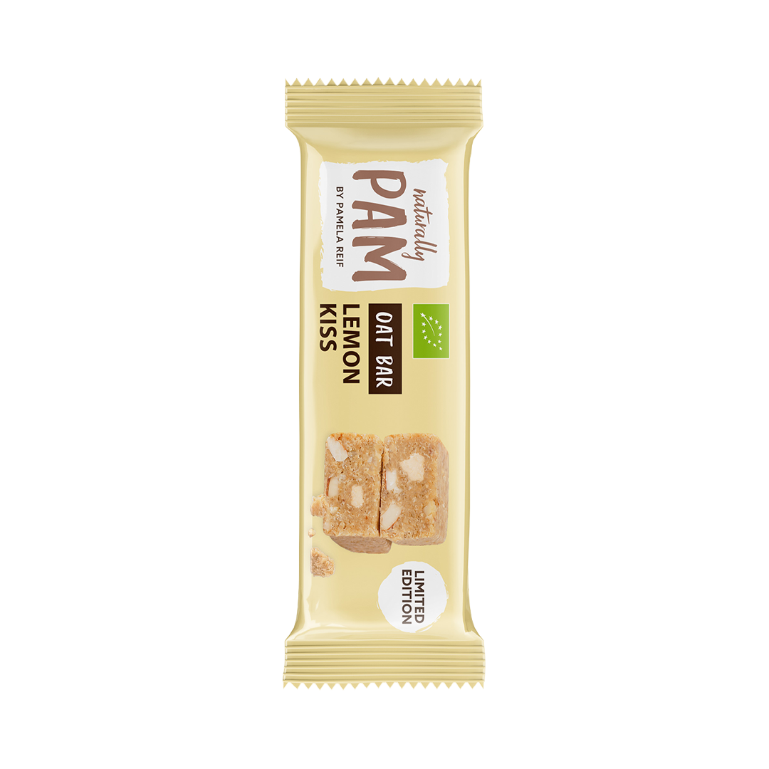 Vollkorn-Haferriegel mit Zitronengeschmack, Naturally Pam Lemon Kiss, zeigt den beige Haferriegel mit Zitronenscheiben.