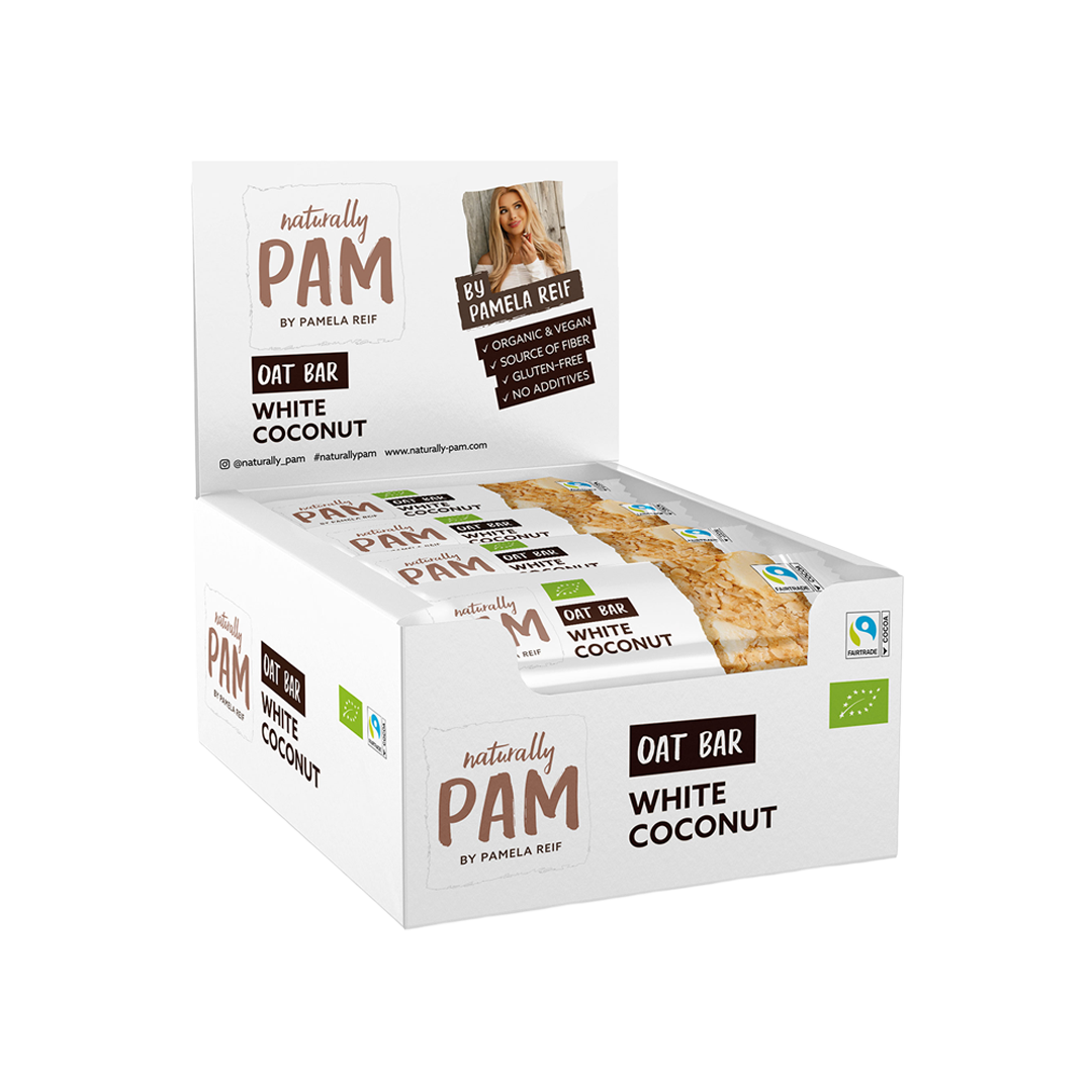 Naturally Pam Haferriegel mit weißer Kokosnuss, 12er Pack, zeigt den Riegel mit Kokosnussstücken und Haferflocken.