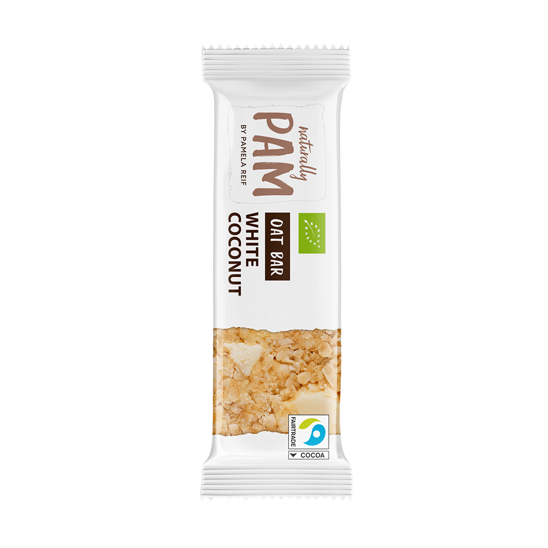 Naturally Pam Haferriegel mit weißer Kokosnuss, Einzelriegel, gesunde Snack-Option, Frucht- und Nussfüllung, naturbelassen