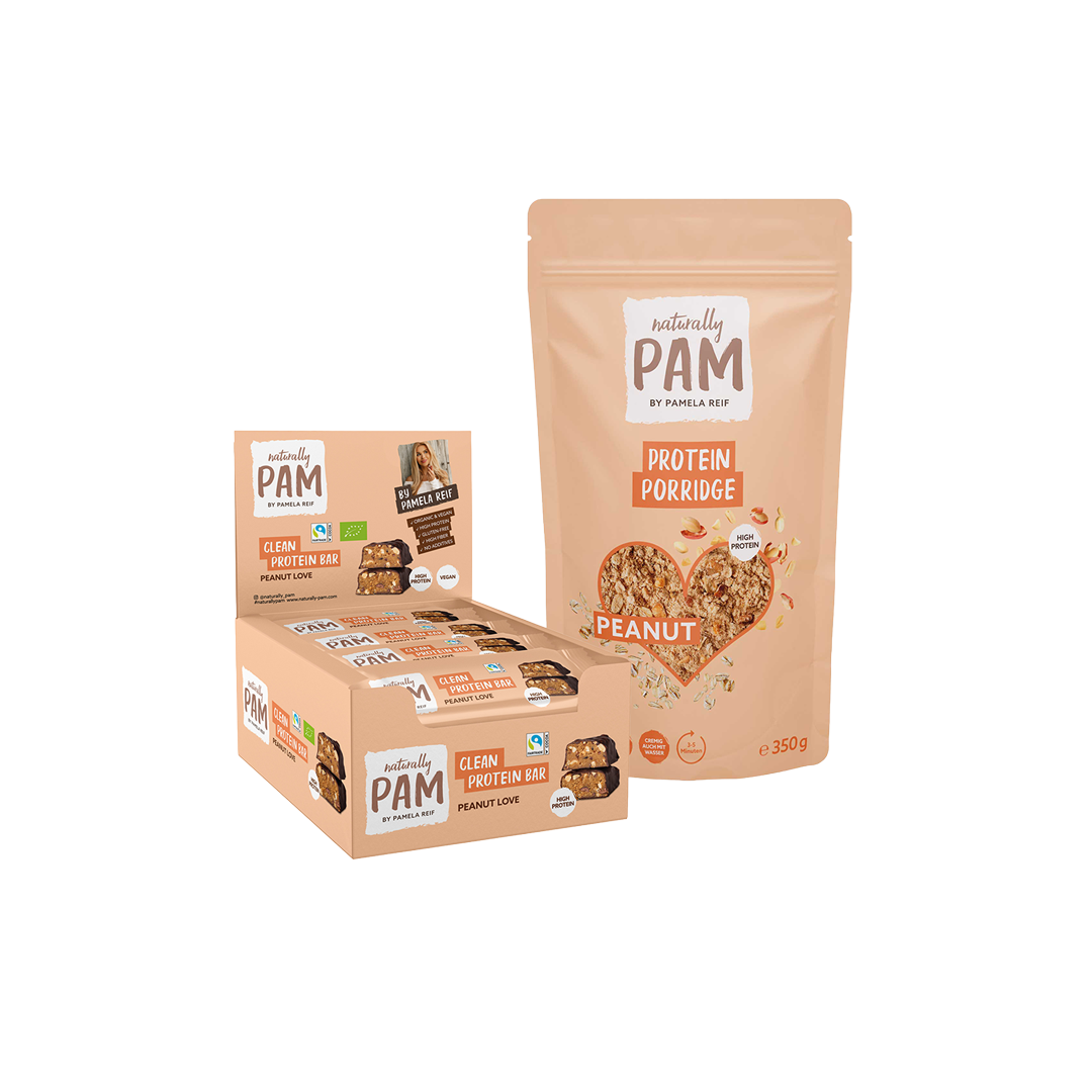 Peanut Protein Boost von Naturally Pam, Nahaufnahme der Verpackung mit Erdnussprotein-Produkt auf weißem Hintergrund