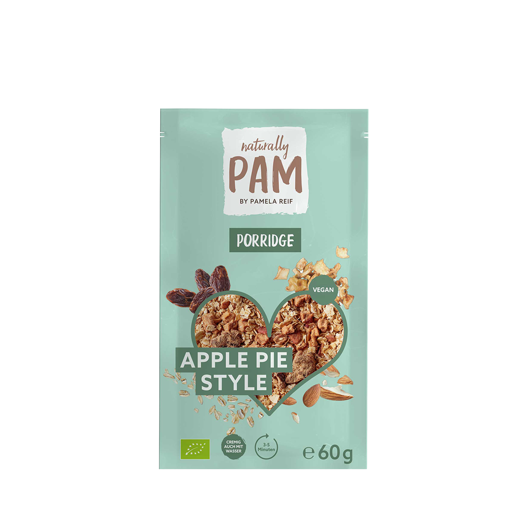 Naturally Pam Apfelkuchen-Style Porridge in einer 60g Schale, cremige Haferflocken mit Apfel- und Zimtgeschmack.