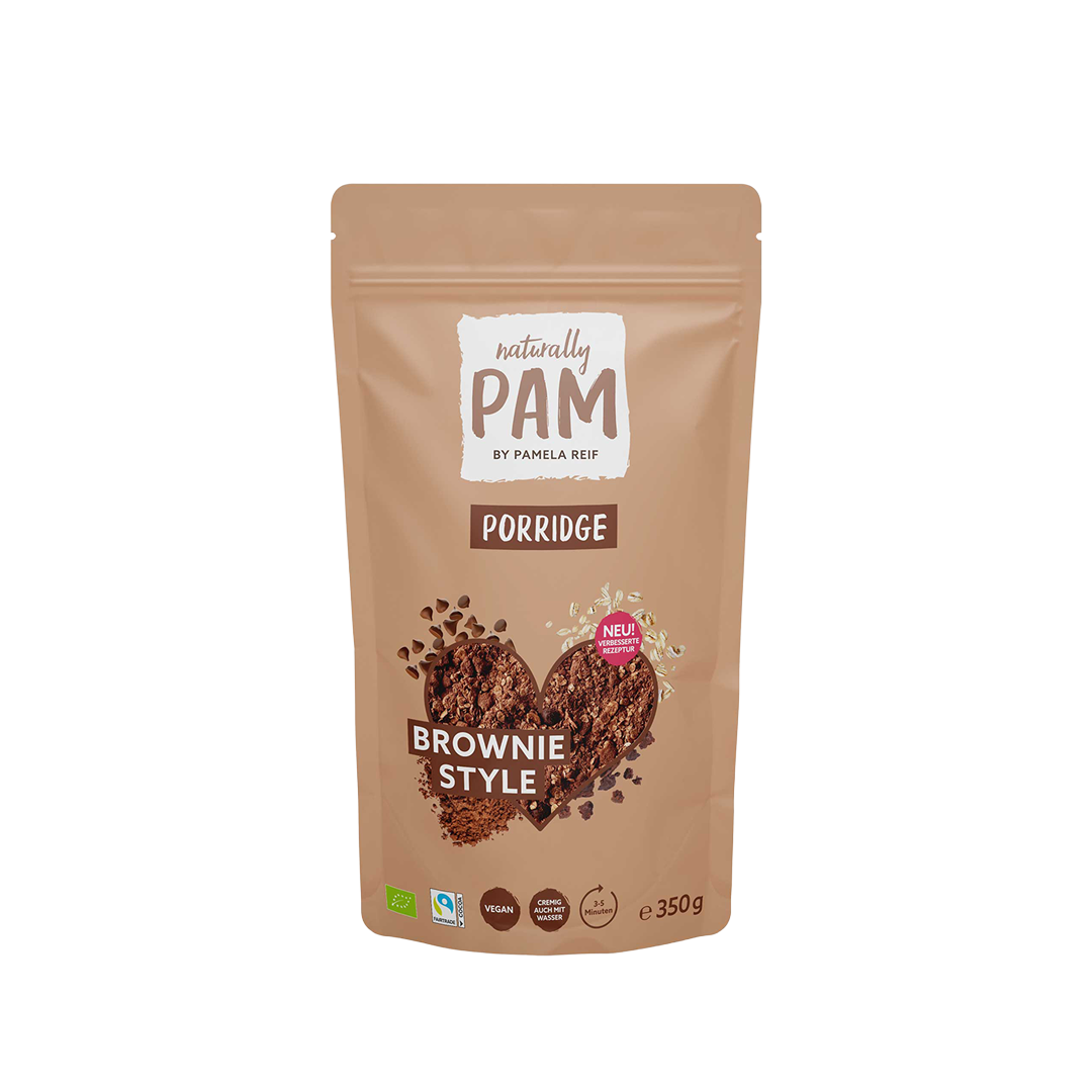 Naturally Pam Porridge Brownie Style in 350g Schüssel mit cremiger, schokoladiger Porridge-Textur, glutenfrei und lecker.