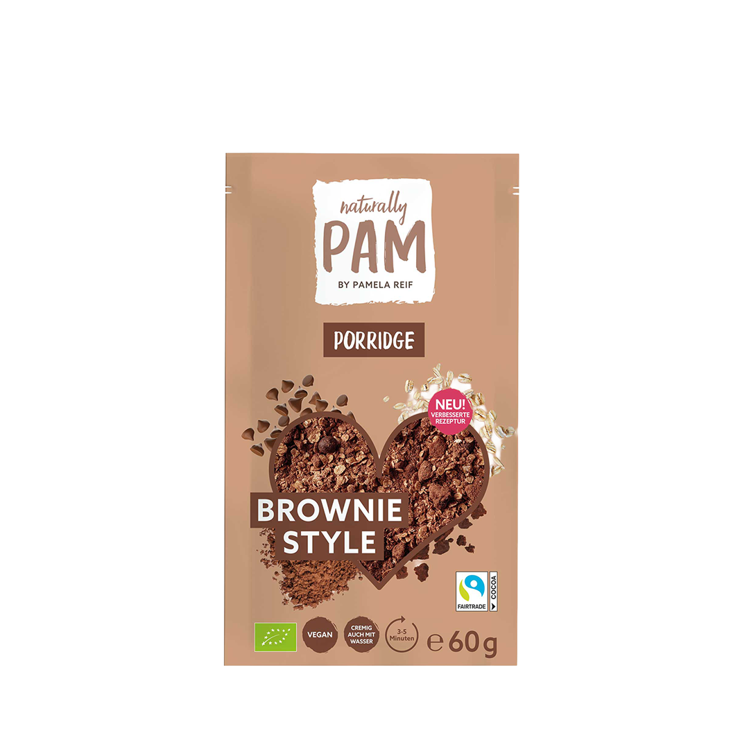Naturally Pam Porridge Brownie Style in 60g, cremige Haferbrei-Alternative mit Schokoladengeschmack, ideal für ein leckeres Frühstück.