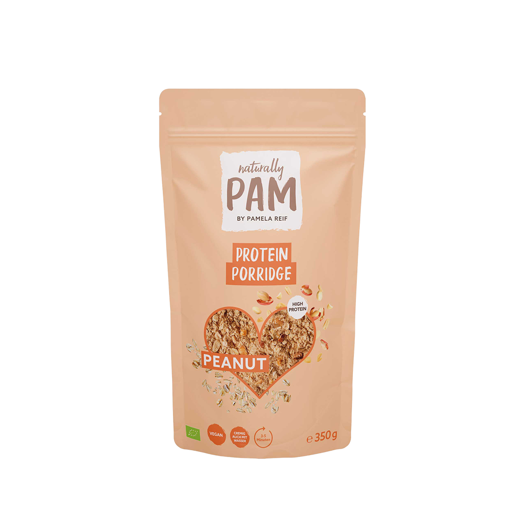 Naturally Pam Erdnuss-Porridge in 350g Verpackung, cremige Haferflocken mit Erdnussgeschmack in natürlicher Präsentation