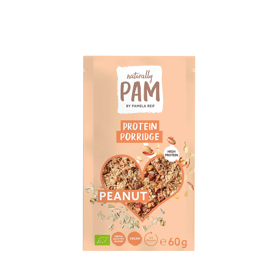 Naturally Pam Erdnuss-Porridge in 60g Packung, cremige Haferflocken mit Erdnüssen für einen nahrhaften Frühstücksgenuss