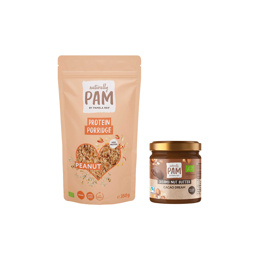 Natürlich Pam Porridge Tipp in einer Schale mit Haferflocken und frischen Früchten, ideal für ein gesundes Frühstück