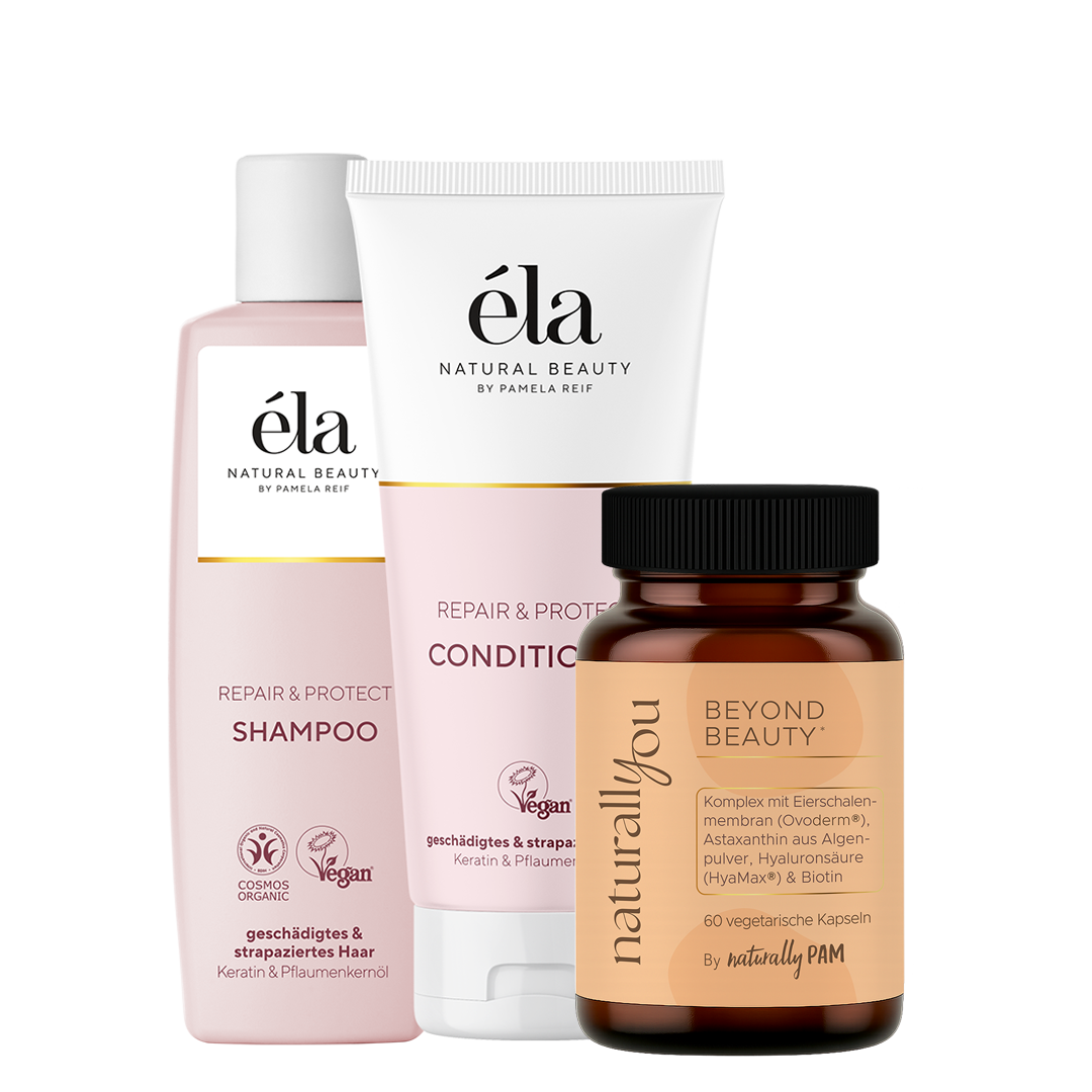 Natürlich Pam Repair & Protect Inside Out Beauty Set mit Nahrungsergänzungsmitteln, Fläschchen und Pflegeprodukten für gesunde Haut.