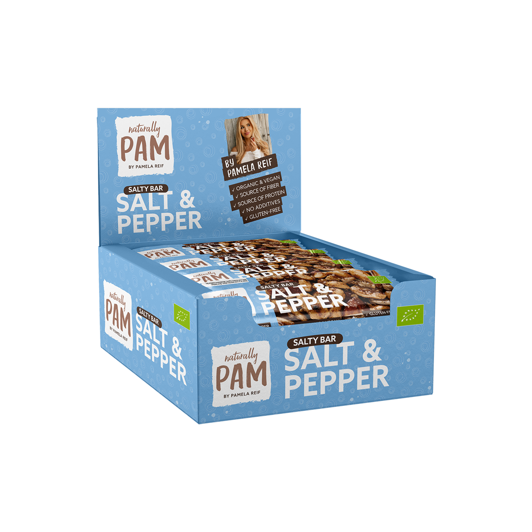 Naturally Pam Salty Bar Salz und Pfeffer Streuer auf einer transparenten Ablage, Nahaufnahme der Gewürzbehälter.