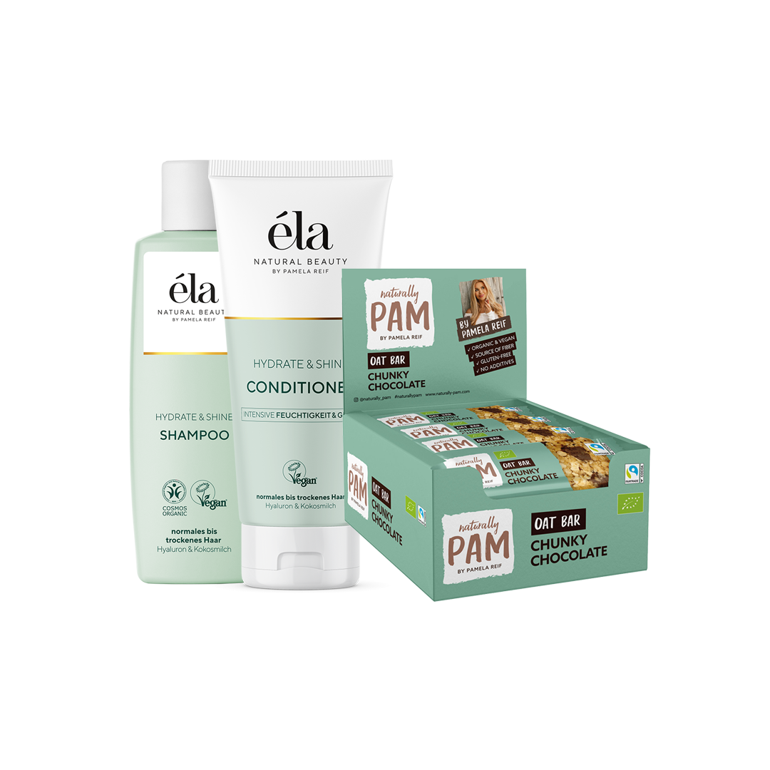 Natürlich Pam Bestseller Hydrate Bundle mit Feuchtigkeitsprodukten, Flaschen und Pflegeartikeln für eine gepflegte Haut.