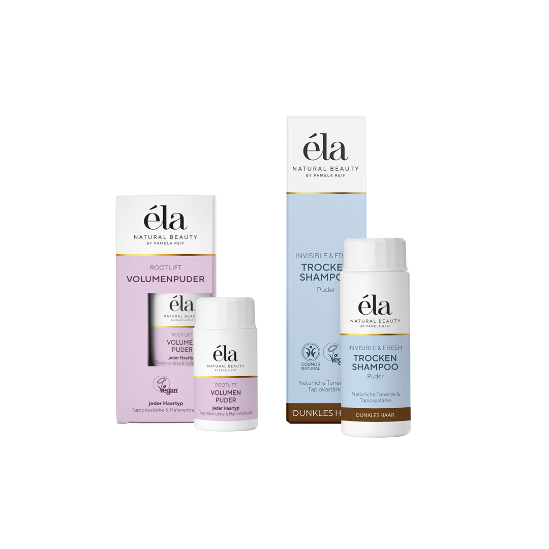 Natürliches Pflegeset für Haare in Dunkel von Naturally Pam, inklusive Shampoo, Conditioner und Pflegeprodukte.
